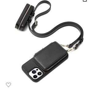 Iphone 13 Pro Wallet Case Crossbody with Zipper Lipstick Pouch